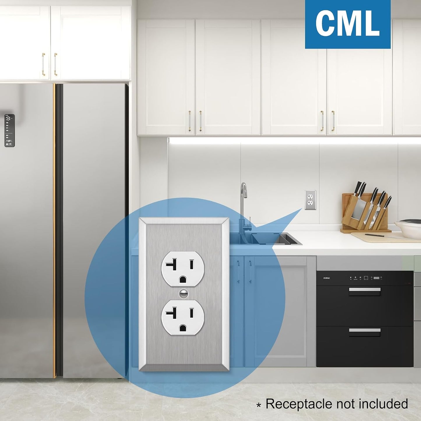 CML Duplex Receptacle Metal Wall Plate, 1-Gang Stainless Steel Outlet Covers, 20 Pack Corrosion Resistant Switch