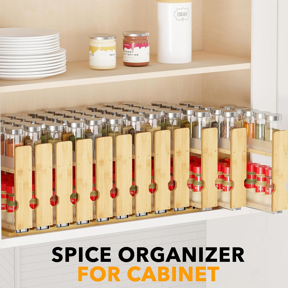 SpaceAid Bamboo Pull Out Spice Rack Organizer for Cabinet, Heavy Duty Slide Out Seasoning Kitchen Pantry Sliding