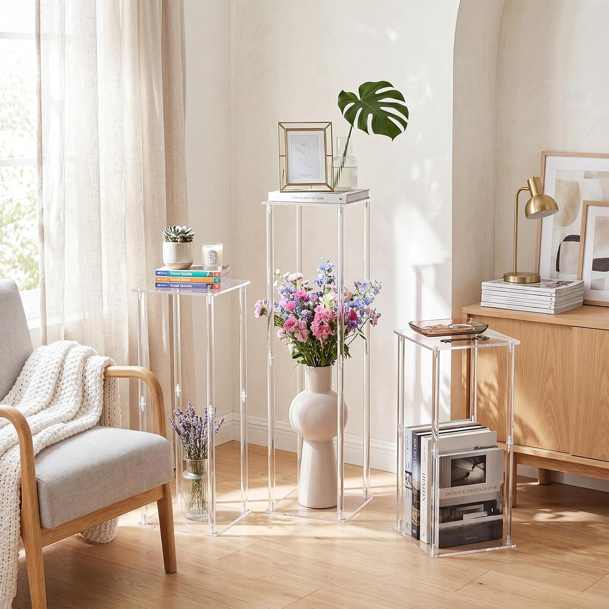 Geetery 6 Pieces Tall Acrylic Vase Wedding Centerpieces Clear Flower Stand Column Geometric Floral Vase Elegant Display