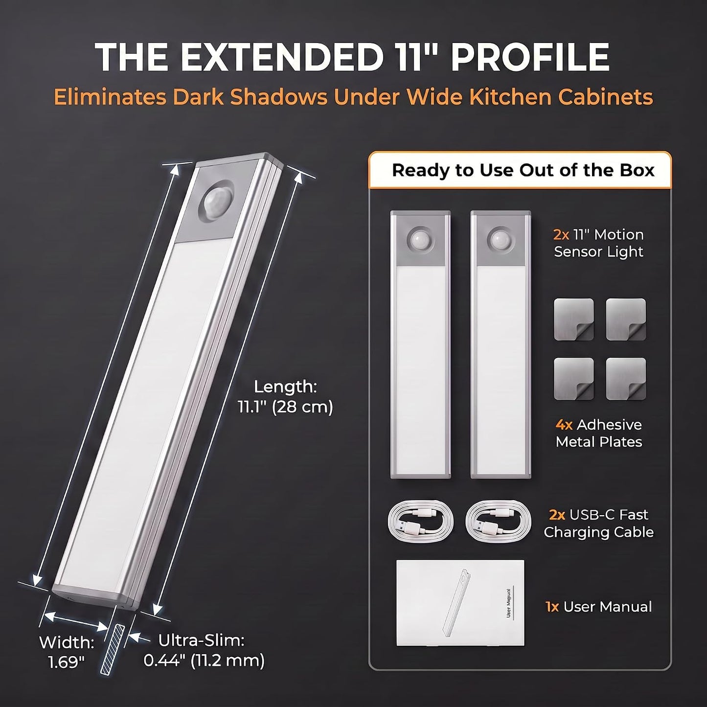 Under Cabinet Lighting, 4200mAh Motion Sensor Light, 3CCT, 2 Pack | 11 Inch USB-C Fast Charging, Battery Operated