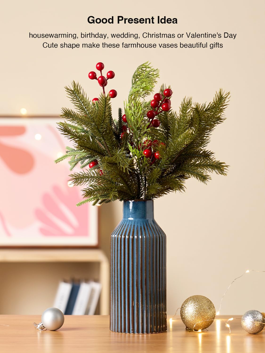 Ceramic Flower Vase / 2 Blue / 8 Inch