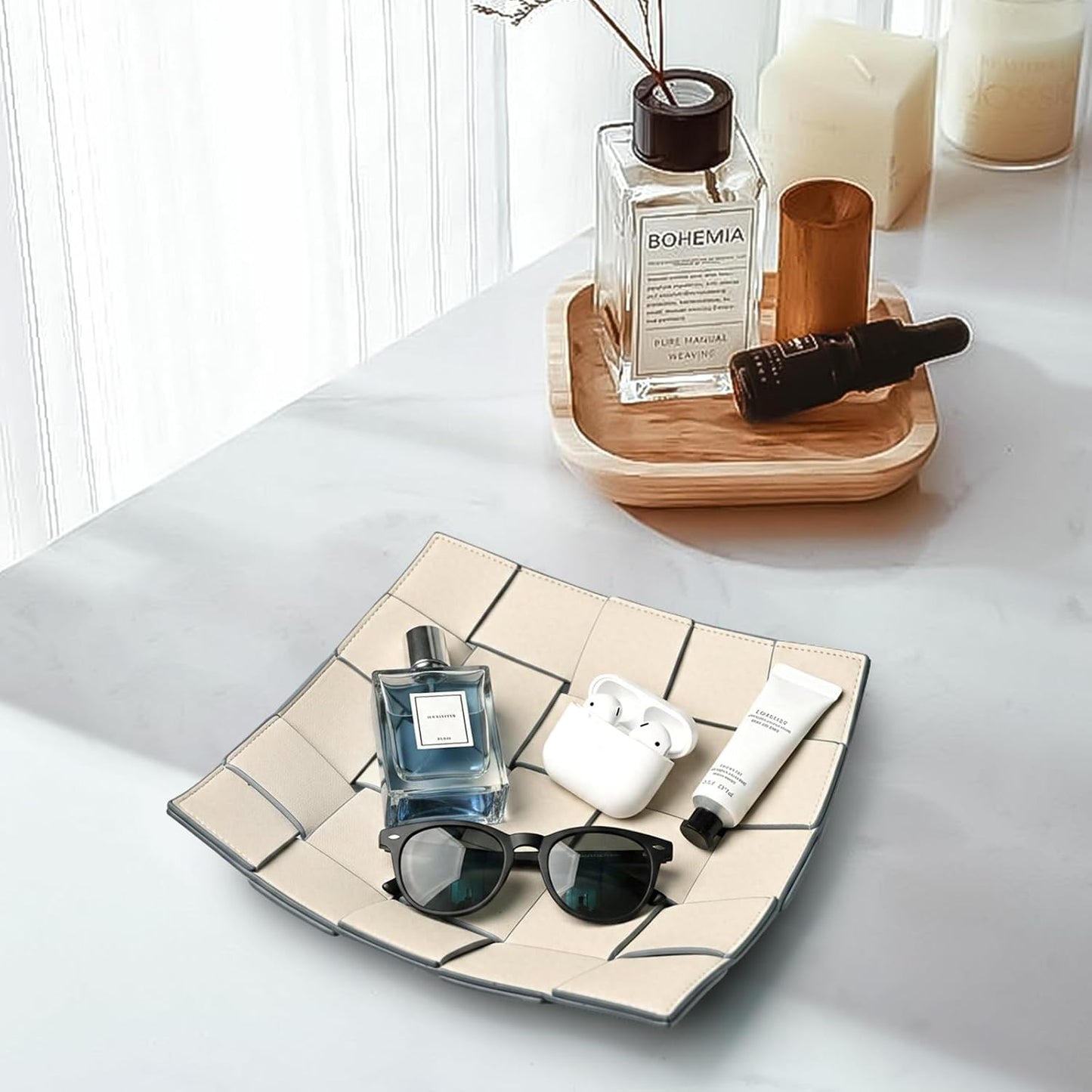 Valet Tray PU Leather Key Holder Bowl for Women and Men Entryway Table Nightstand / Beige + Gray