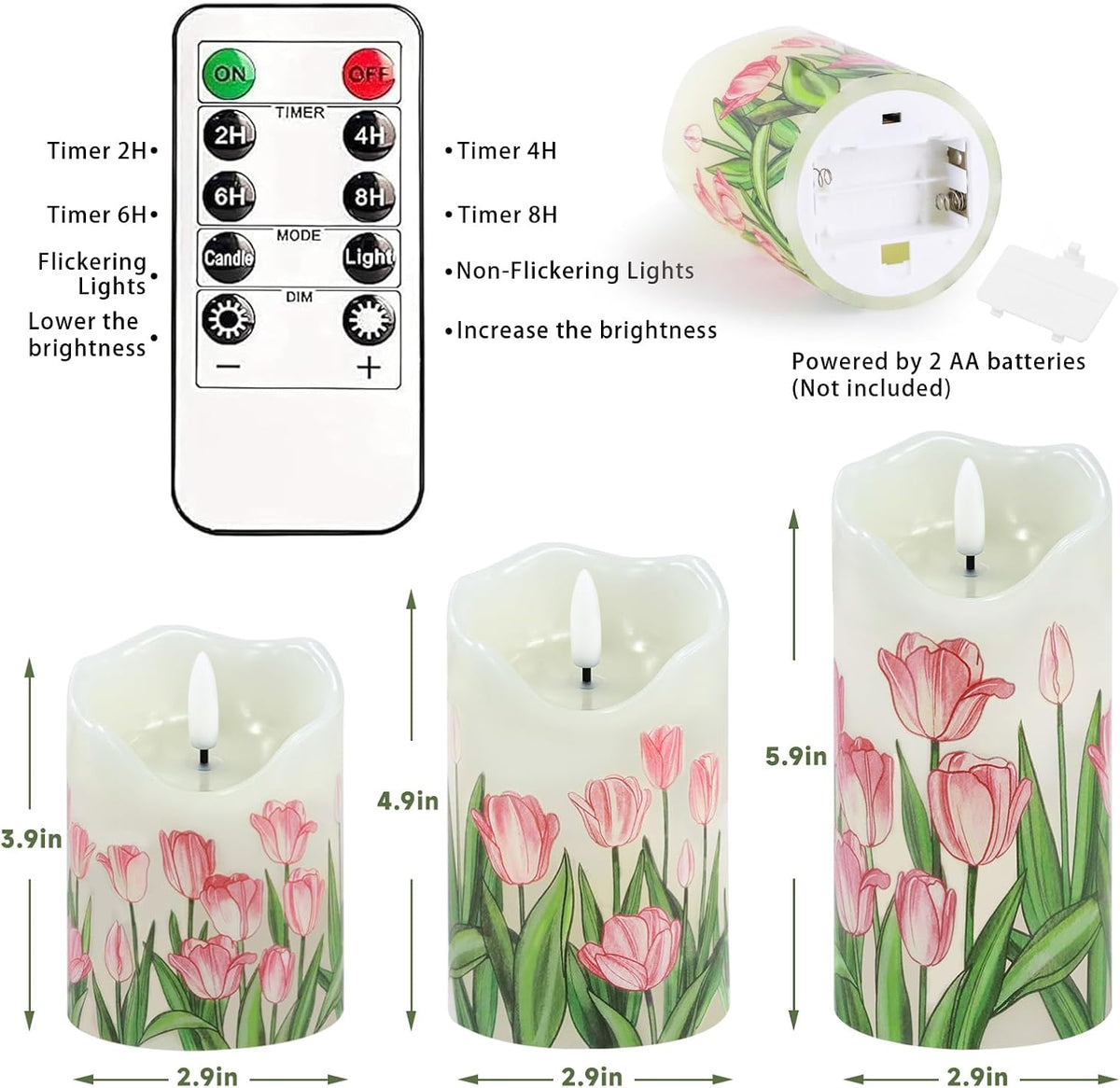 Tulip Flameless Candles Set of 3, Spring LED Candles with Remote & Timer | Flickering Real Wax Pillar Candles Battery