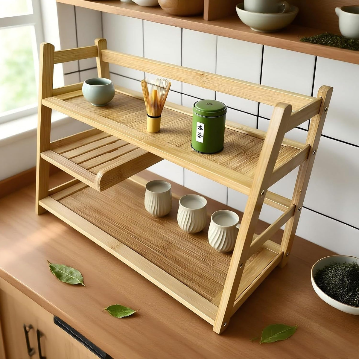3 Tier Bamboo Matcha Station, coffee station organizer Shelf | for Kitchen Countertop, Tea Bar - Matcha Powder, Tools &