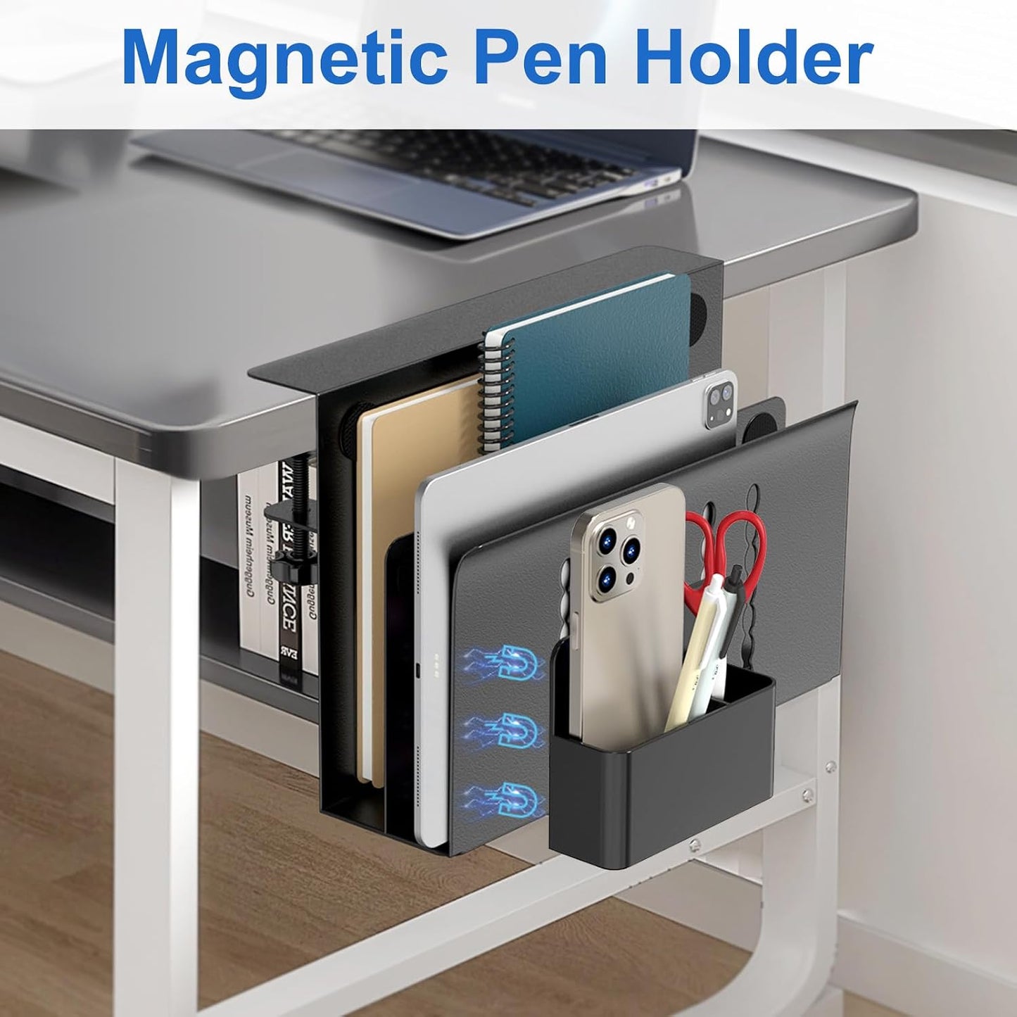 HAMOPY Desk Side Storage, 2 Tier Steel Hanging Desk Organizer with Magnetic Pen Holder, No Drilling Standing Desk