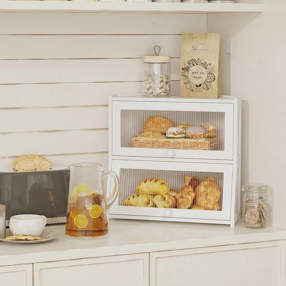 BAMBANG Corner Bread Box for Kitchen Countertop, Double Layer Bamboo Bread Storage Container with Wavy Windows