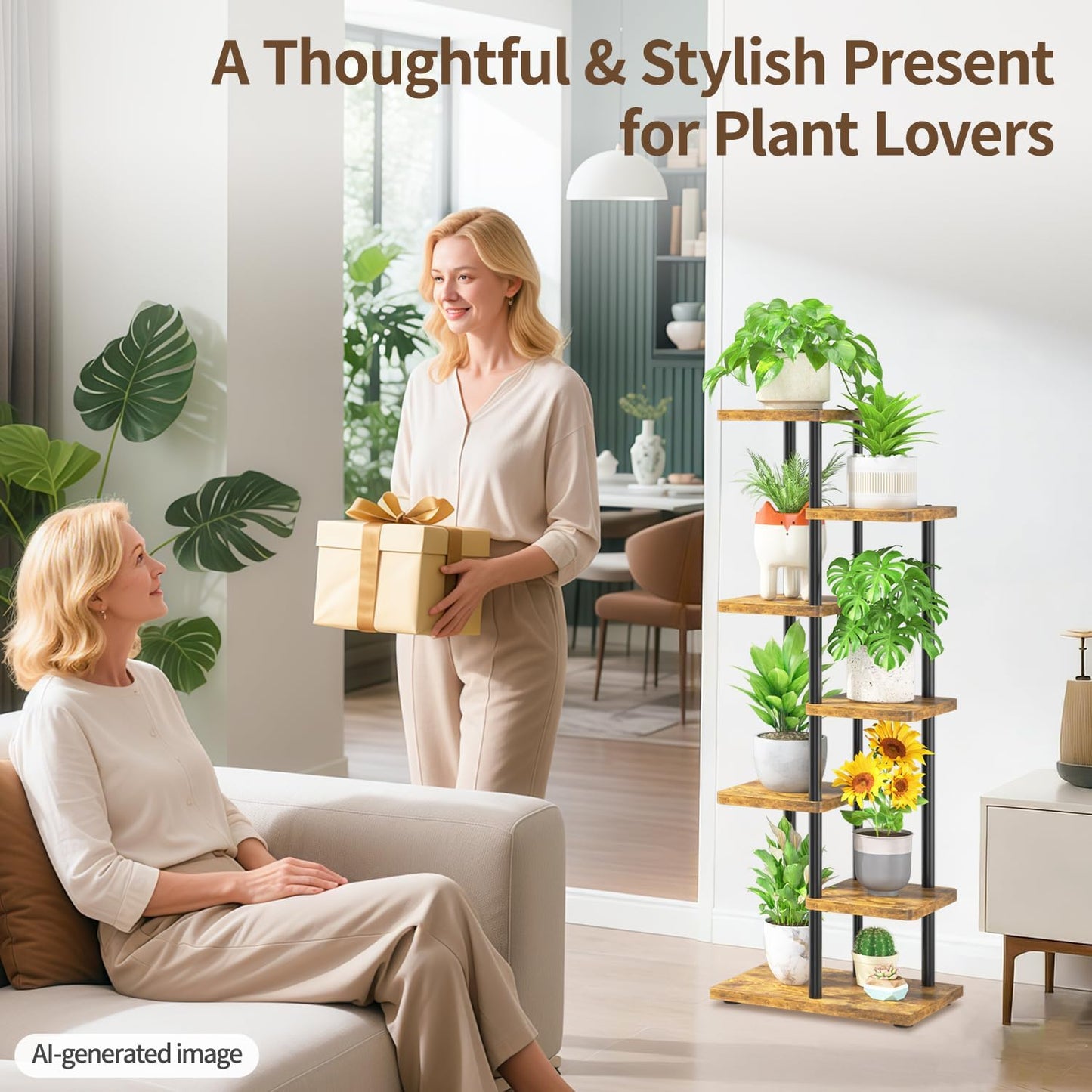 LASZOLA Plant Stand Shelf Tall for Indoor Corner, 6 Tier Wood Brown | Heavy Duty Multi Level Vertical Flower Rack for