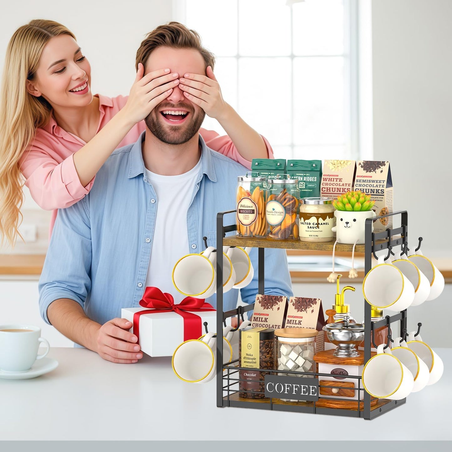 EsLuker.ly Coffee Mug Cup Holder Tree Bar Station Organizer, 2 Tier | Mug Stand Rack for Countertop Kitchen, Storage