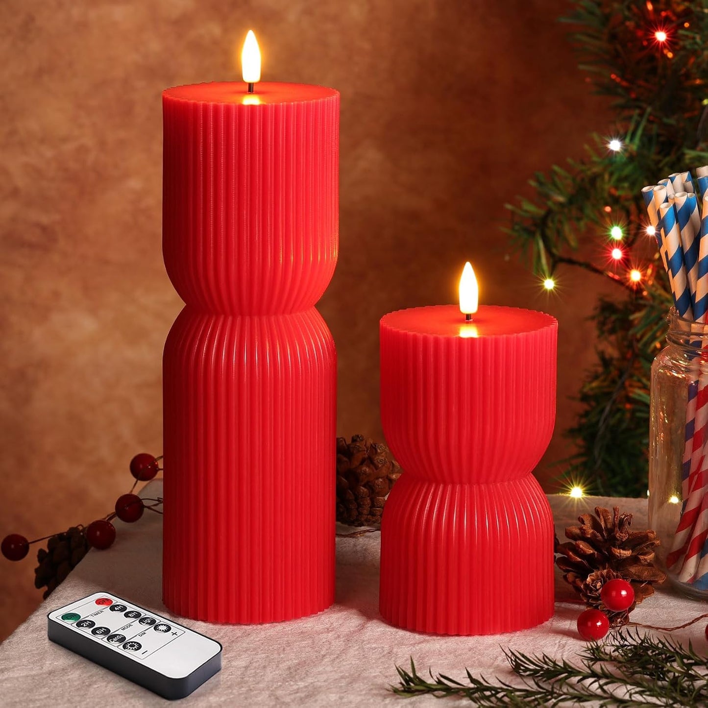 Red Ribbed Flameless Pillar Candles with Remote Set of 2