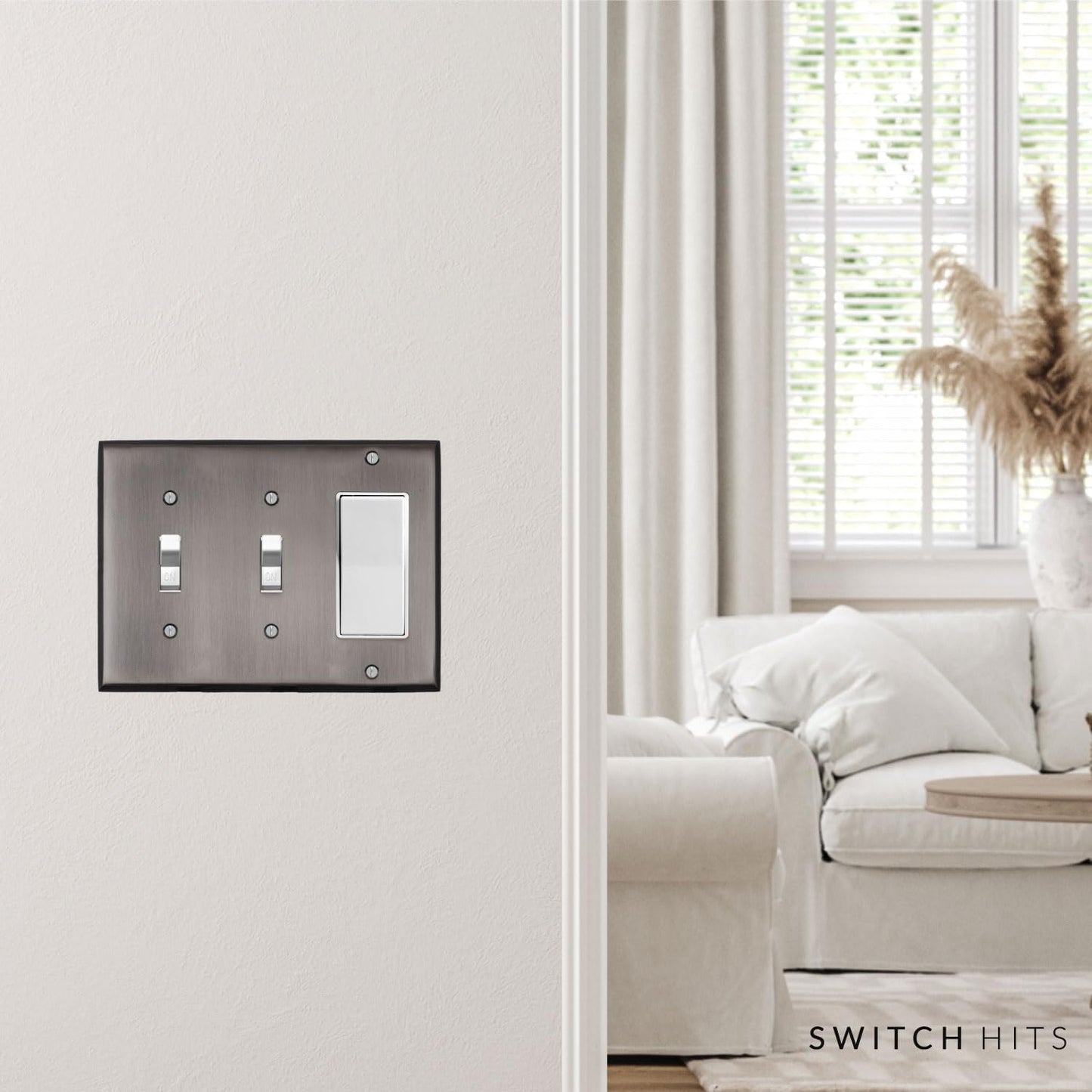 Antique Pewter Outlet Wall Plate | 2 Toggle - 1 GFI Rocker | 6.25" x 4.5" | Hand-Polished Brass Construction