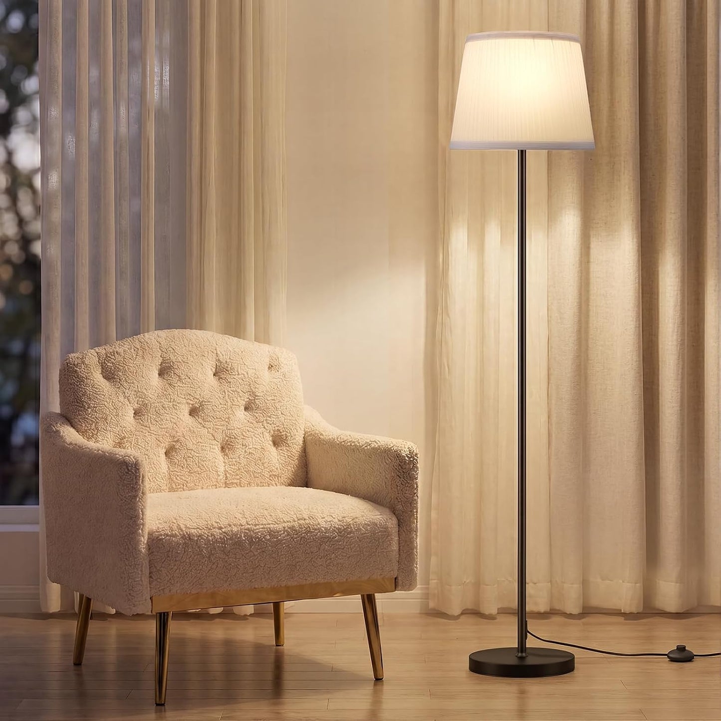 Ambimall 60'' Modern Floor Lamp with Shade, Tall Lamps for Living Room, Bedroom, Office, Dining Room, Pleated Fabric