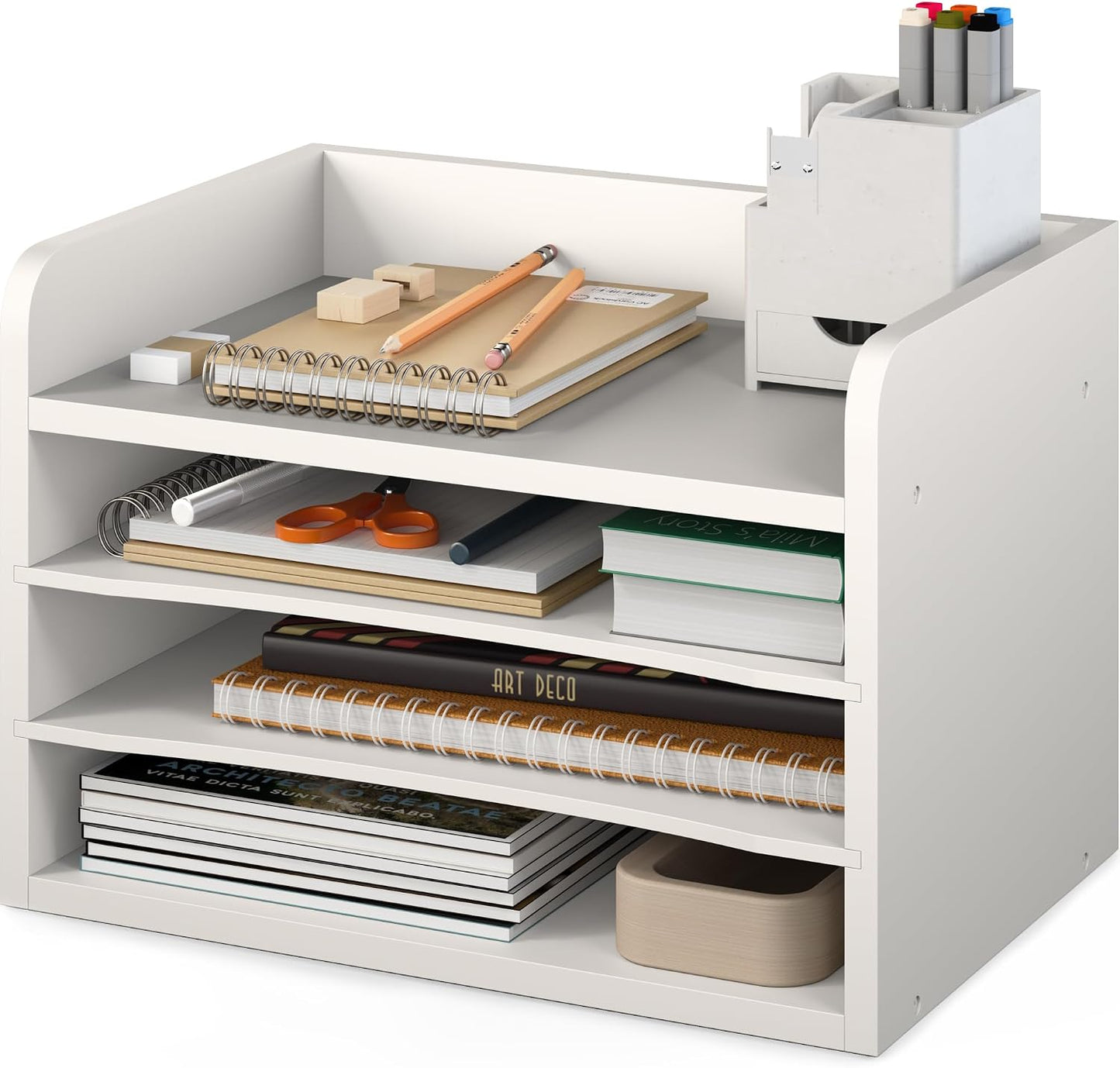 Ballucci File Organizer, 4-Tier Office Desk Organizer, Open Top Wood Paper Organizer for Classroom, Mail Sorter Paper