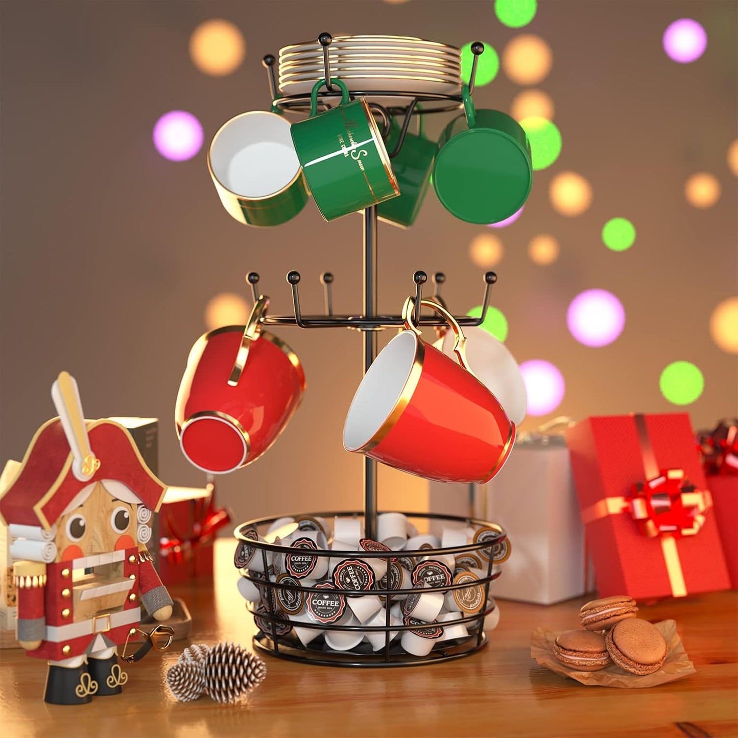 360° Rotating Coffee Mug Holder Tree | 3-Tier Metal Cup Rack with 10 Hooks, Coffee Bar Organizer Decor for Kitchen