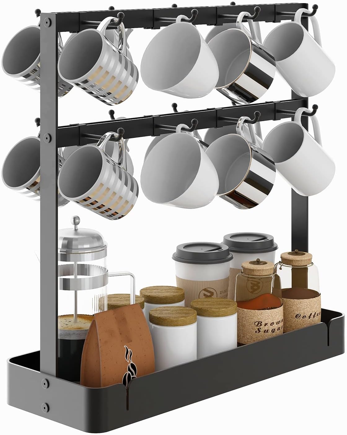 Coffee Mug Holder, 2 Tier Metal Mug Rack with 16 Movable Hooks | Extra Cup Holder for Countertop, Organize Coffee Mugs