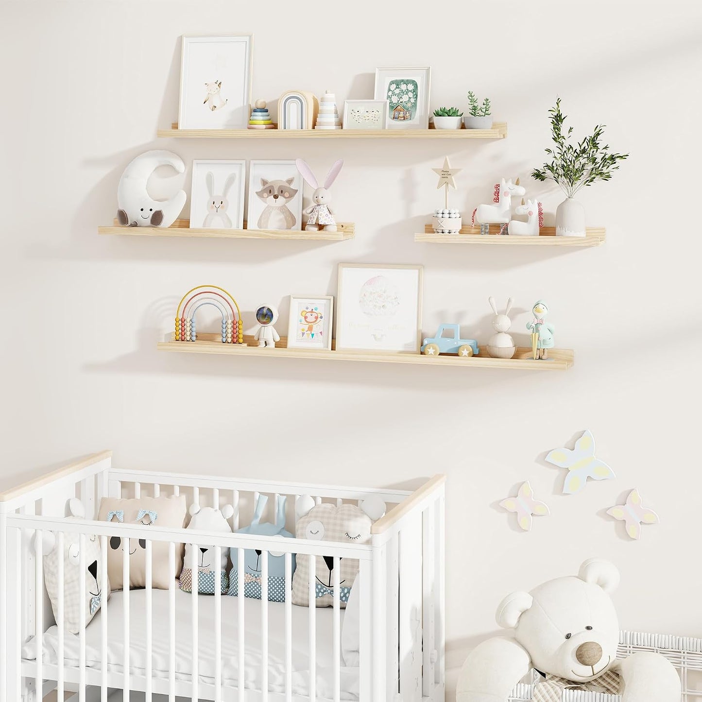 Fun Memories Picture Ledge Shelf, Pine Wood Floating Shelves Set of 2, 36 inch Nursery Book Shelves, Photo Ledge Book