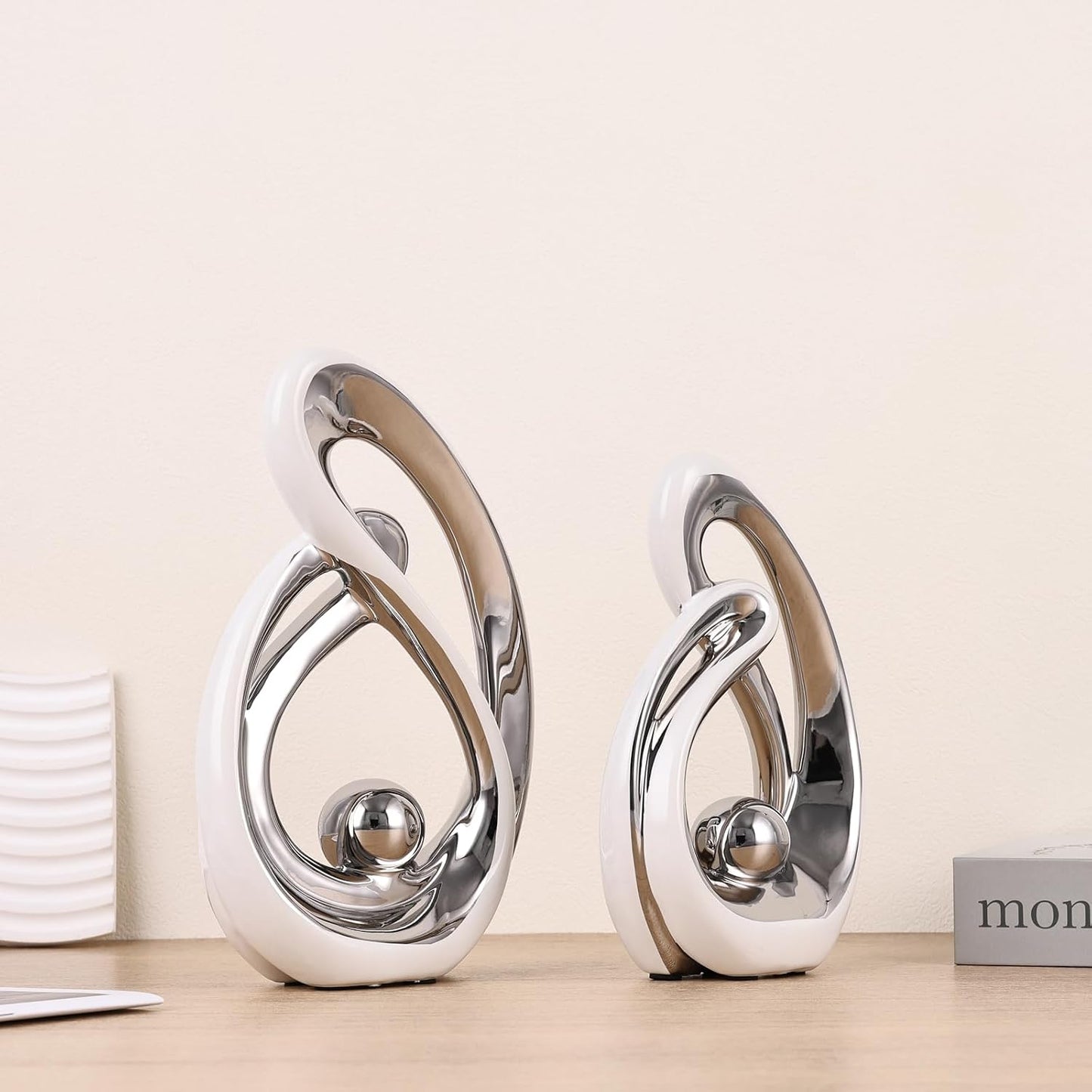 Abstract Ceramic Statue / White Silver / Small / Set of 2