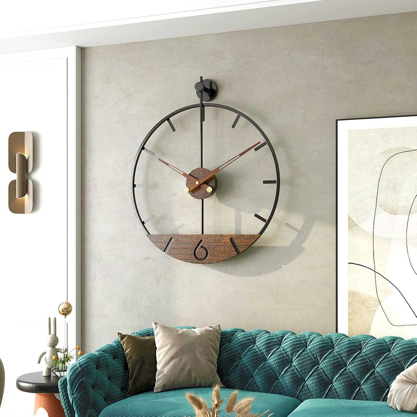 Modern Wood Walnut Dial Wall Clock, Large Simple Wall Decor Metal Frame Silent Non Ticking Clock for Living Room Decor