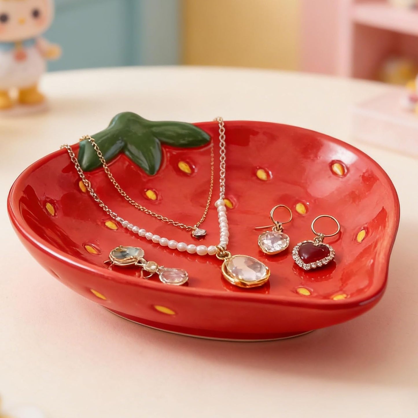 Strawberries Jewelry Dish Tray Ceramic Ring / Red Strawberries Decorative Tray / 5.52 x 4.53 x 0.91