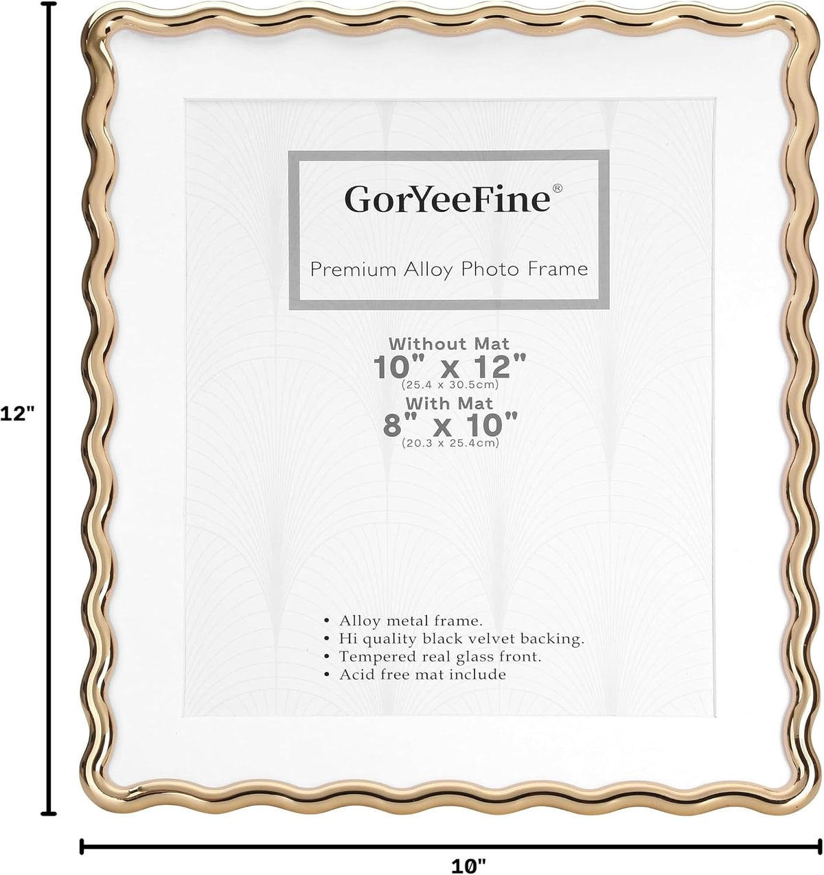 Gold 10x12'' Heavy-Duty Zinc Alloy Picture Frames with Acid Free Mat for 8x10'',Wave Design Gold Picture Frame 10x8''
