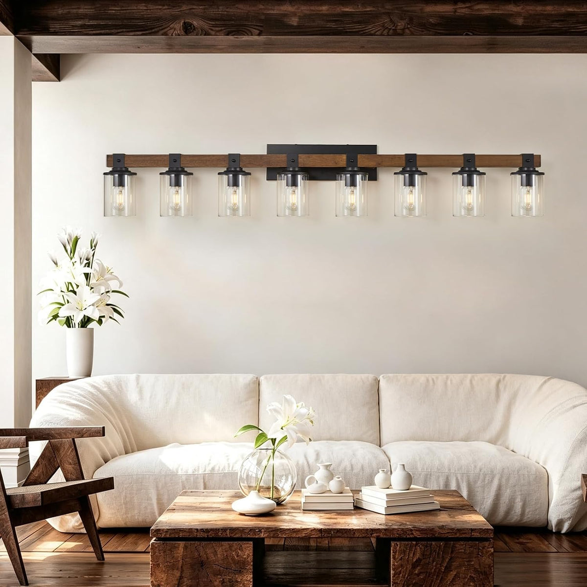 8-Light Farmhouse Vanity Light Fixture, Bathroom Wood Wall Light Over Mirror with Clear Glass Shade, Rustic Vintage
