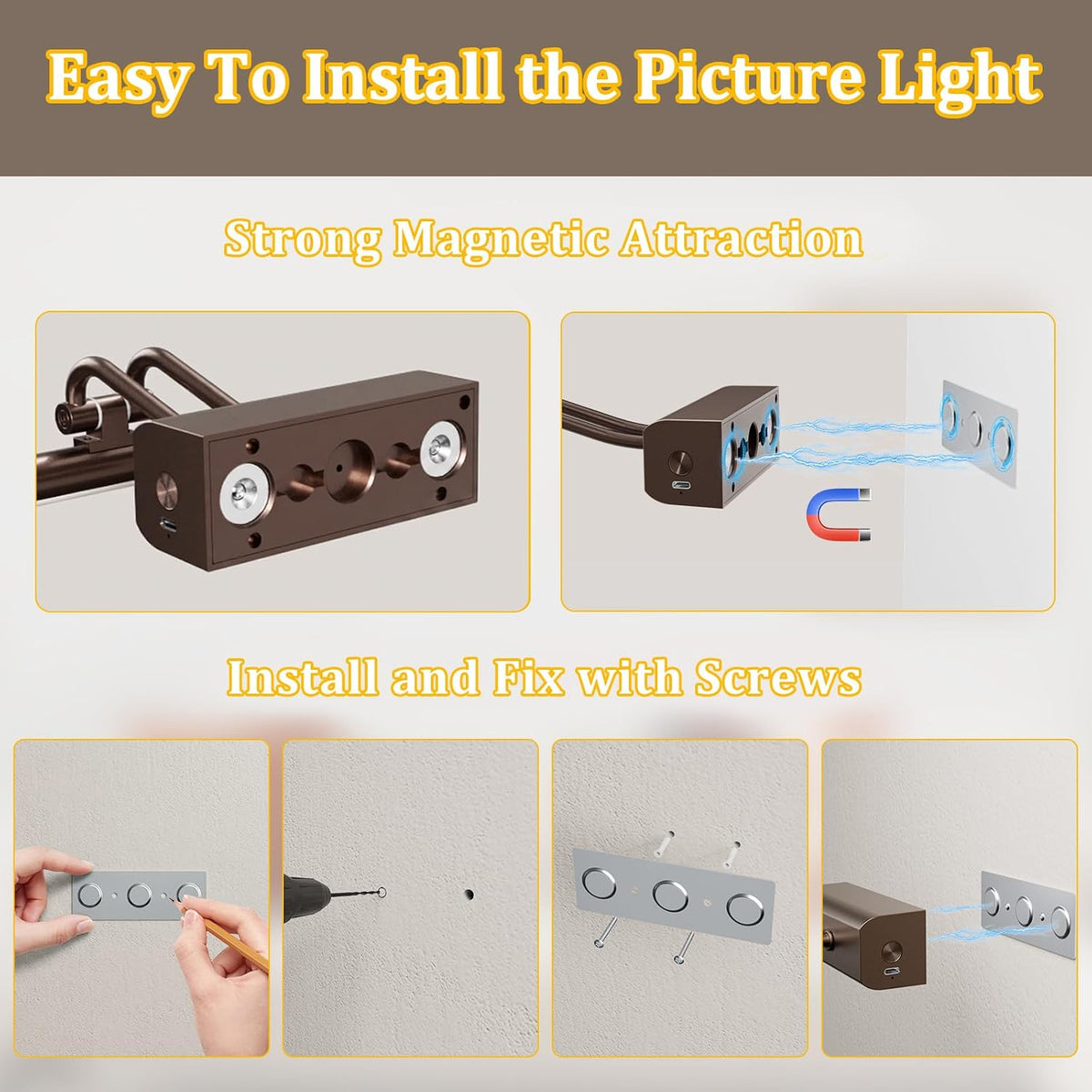 Picture Lights for Wall, 13.8in, Brown, 4000mAh, Rechargeable Remote | Magnetic LED Art Display Light with 3 Color