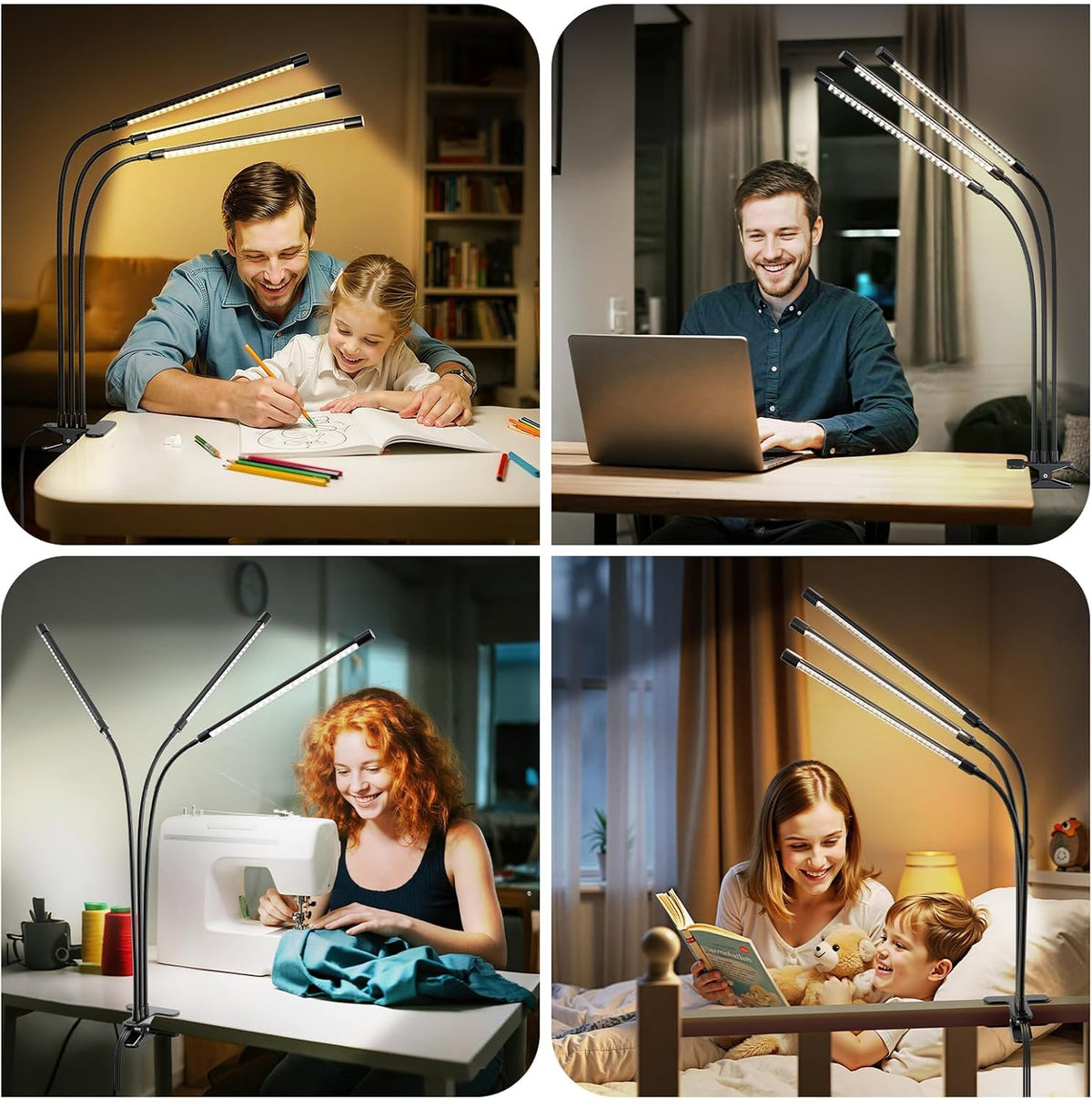 ShineTech 3-Head LED Desk Lamp with Clamp, Eye-Caring Clip on Lights | Ultra-Wide Lighting, 4 Color Modes, Stepless