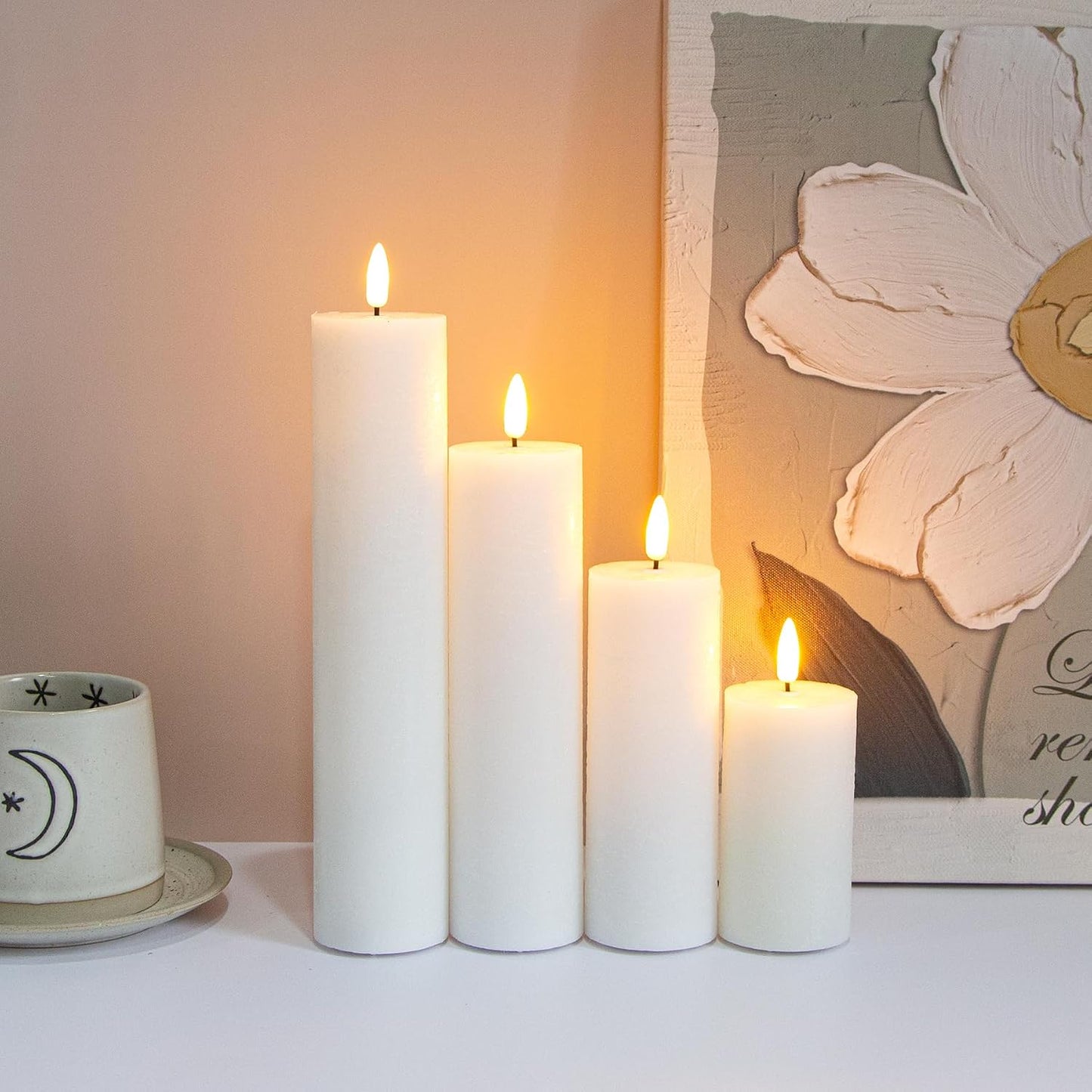 Flickering Flameless Pillar Candles with Remote Control and Cycle Timer,White Pack of 4 Battery Operated(Powered by