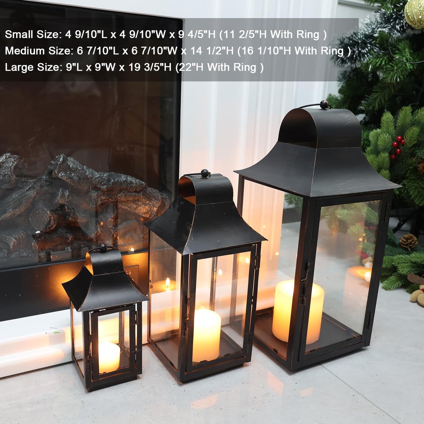 Lanterns Decorative Indoor & Outdoor, 22'' 16'' 11'' Large Candle Lanterns Decorative for Front Porch, Metal Frame