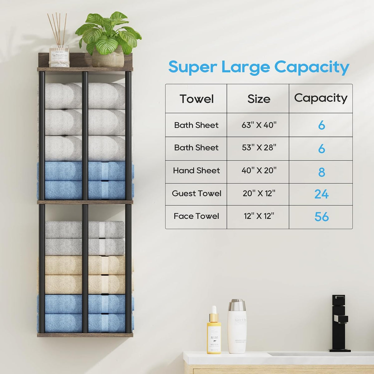 Towel Racks for Bathroom Wall Mounted with Wooden Storage Shelf | Updated 3 Bar Metal Towel Holder for Rolled Towels