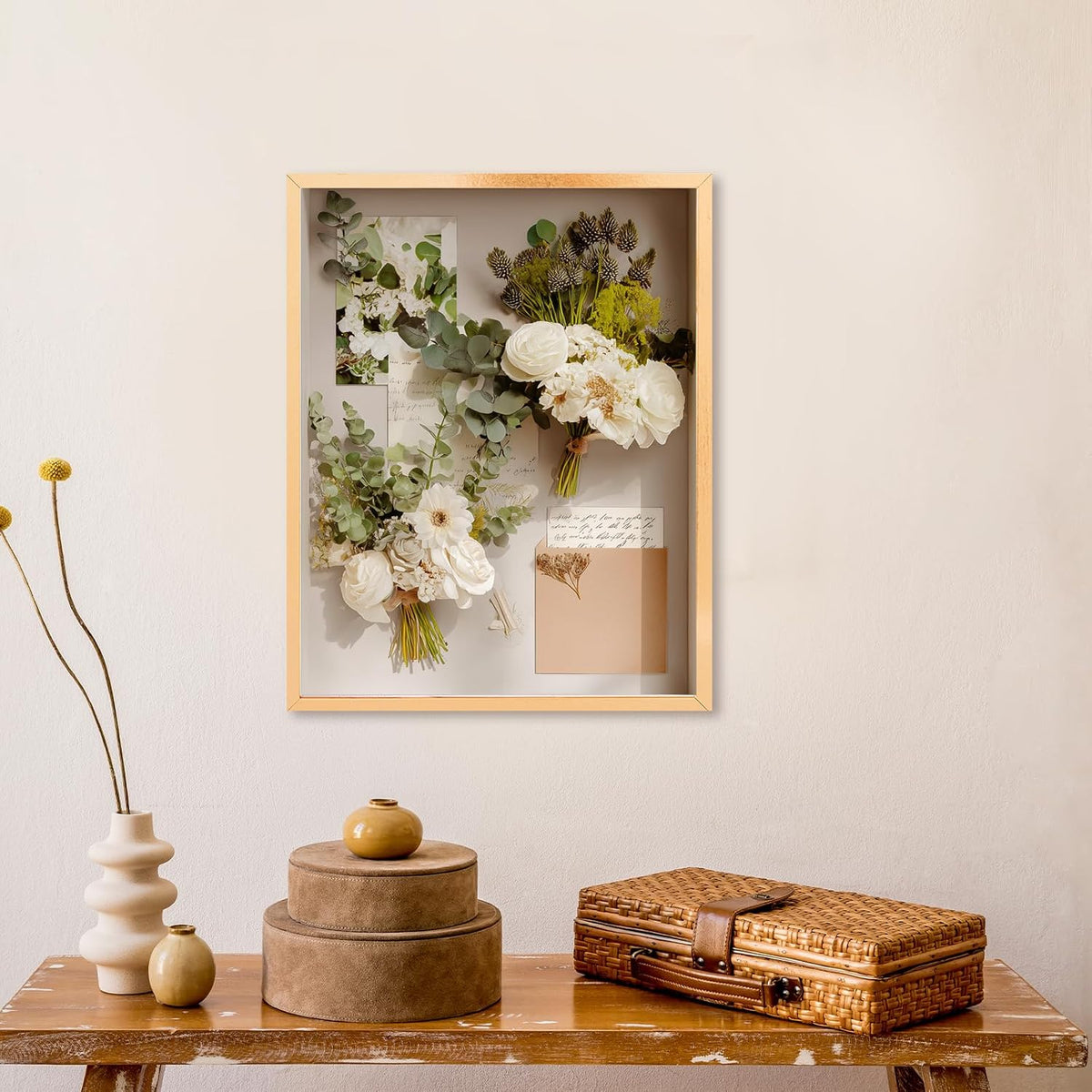 QDSSDECO 16" x 20" Shadow Box Frame, Linen Back, Real Glass,Gold | Deep interior, real glass front, wall or tabletop