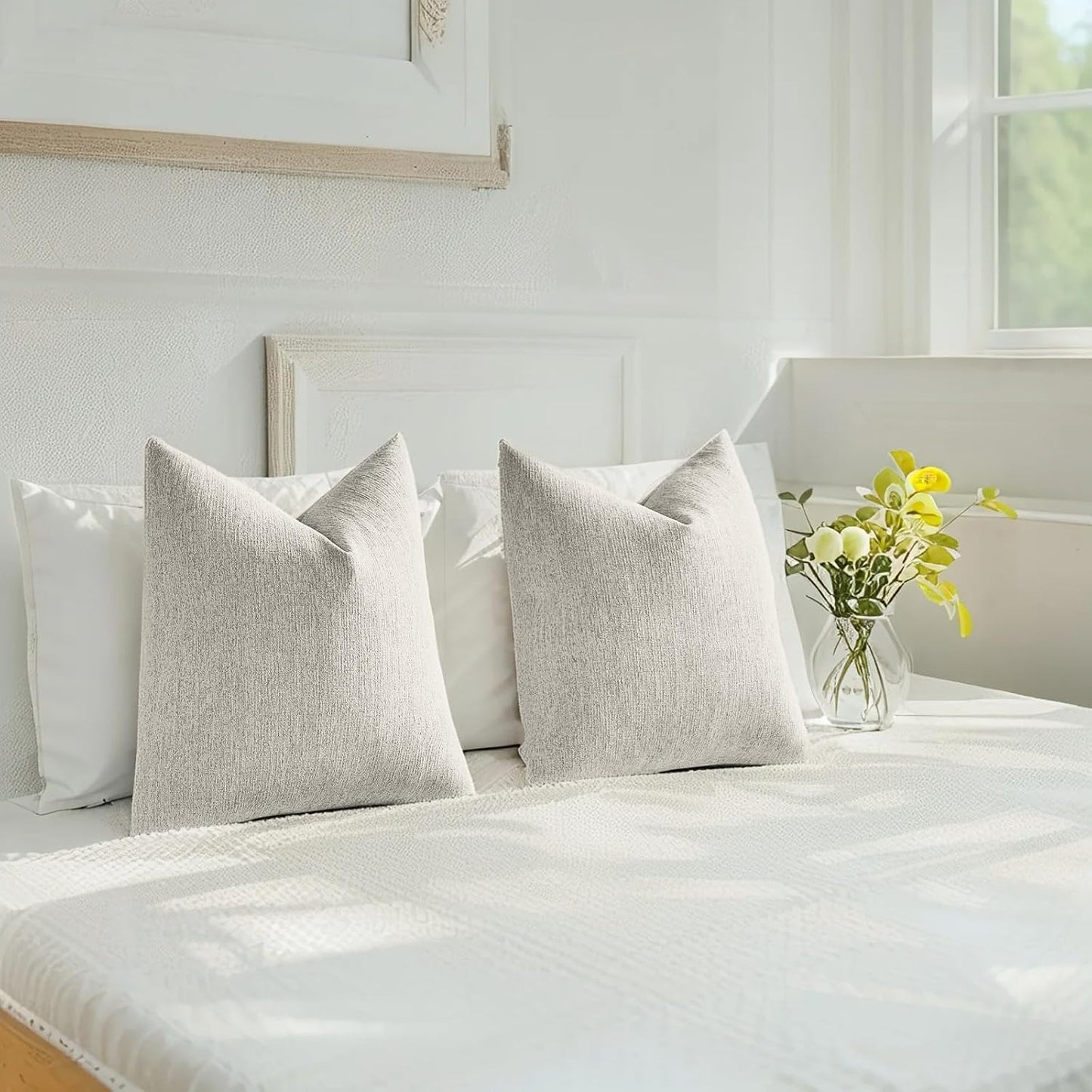 Faux Linen Pillow Covers / Ivory White / 18 x 18 / Set of 2