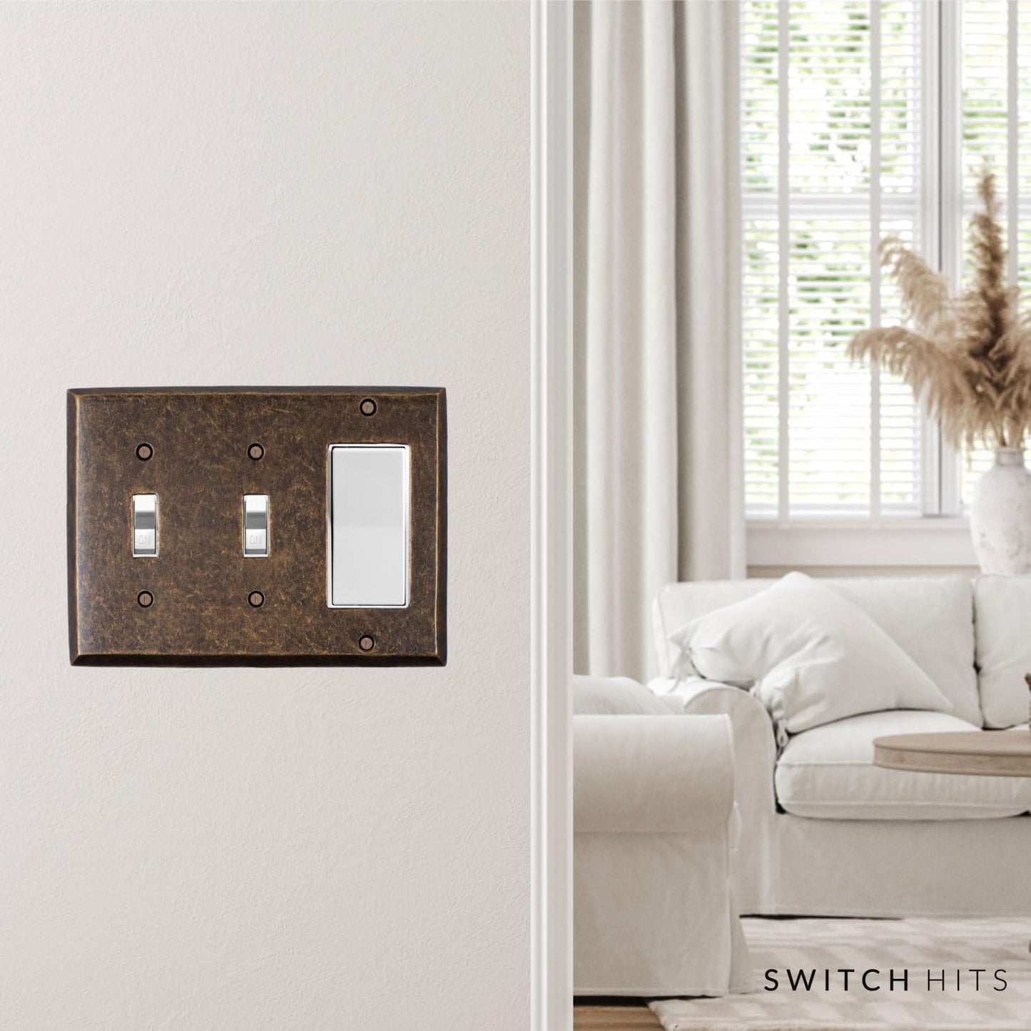 Double Light Switch Plate Outlet Cover GFCI Wall Plate | 2 Toggle - 1 Rocker Mottled Antique Brass Electrical Faceplate