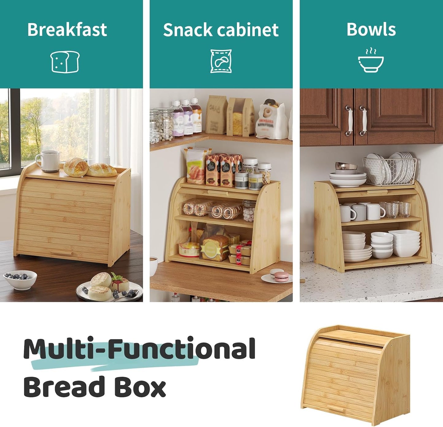 Roll Top Bread Box for Kitchen Countertop, 2-Tier Large Bamboo Wood Bread Box, Wooden Corner Bread Storage Capacity