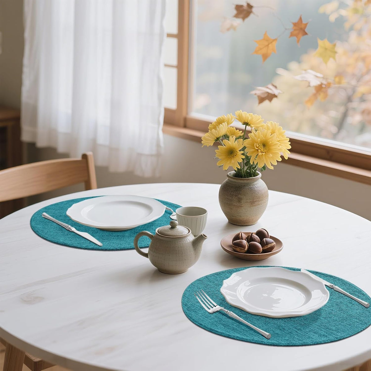 Cotton Linen 15 Inch Round Cloth Place mats, Set of 6, Teal | Washable Table Mats, Heat Resistant, Reversible, Wipeable