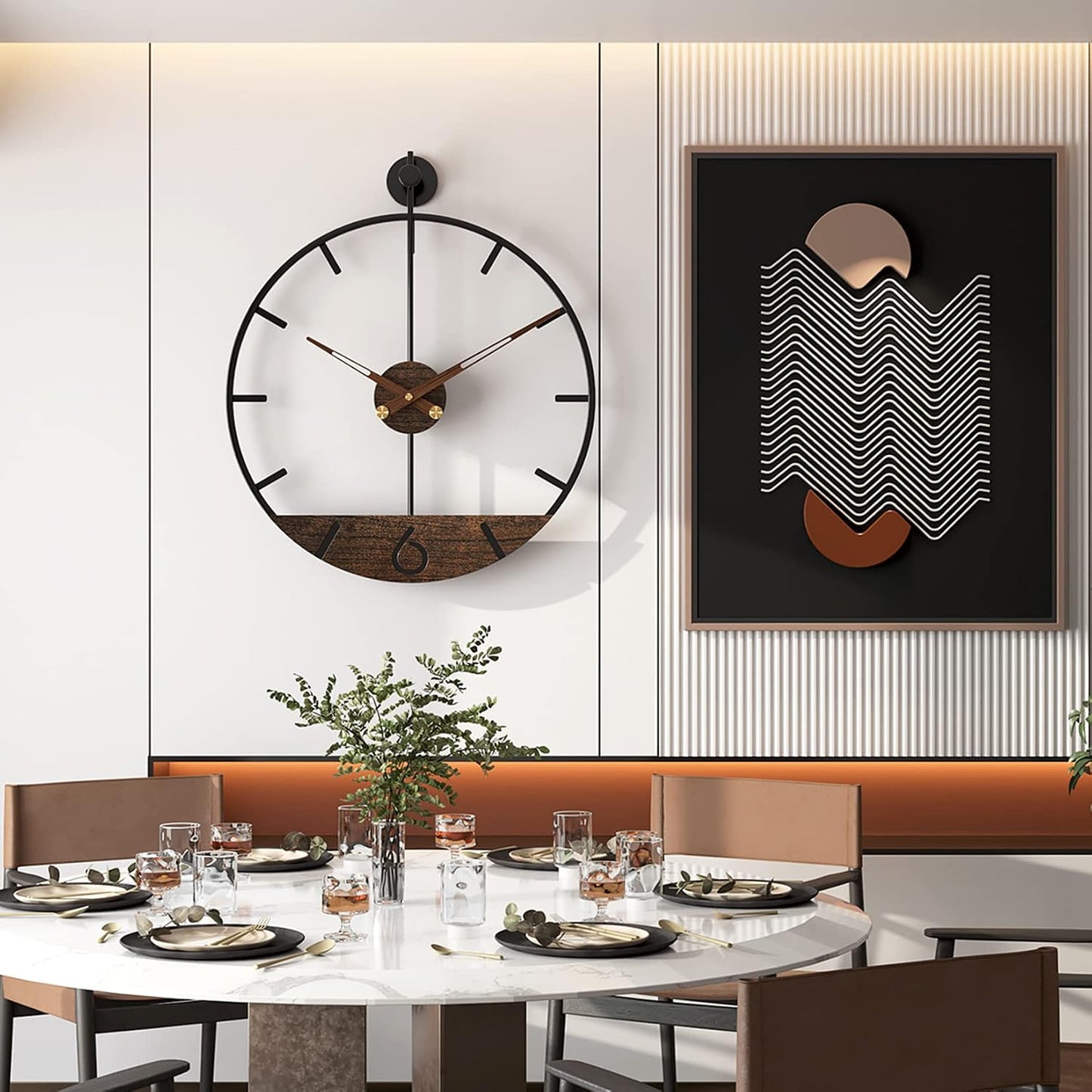 Modern Wood Walnut Dial Wall Clock, Large Simple Wall Decor Metal Frame Silent Non Ticking Clock for Living Room Decor
