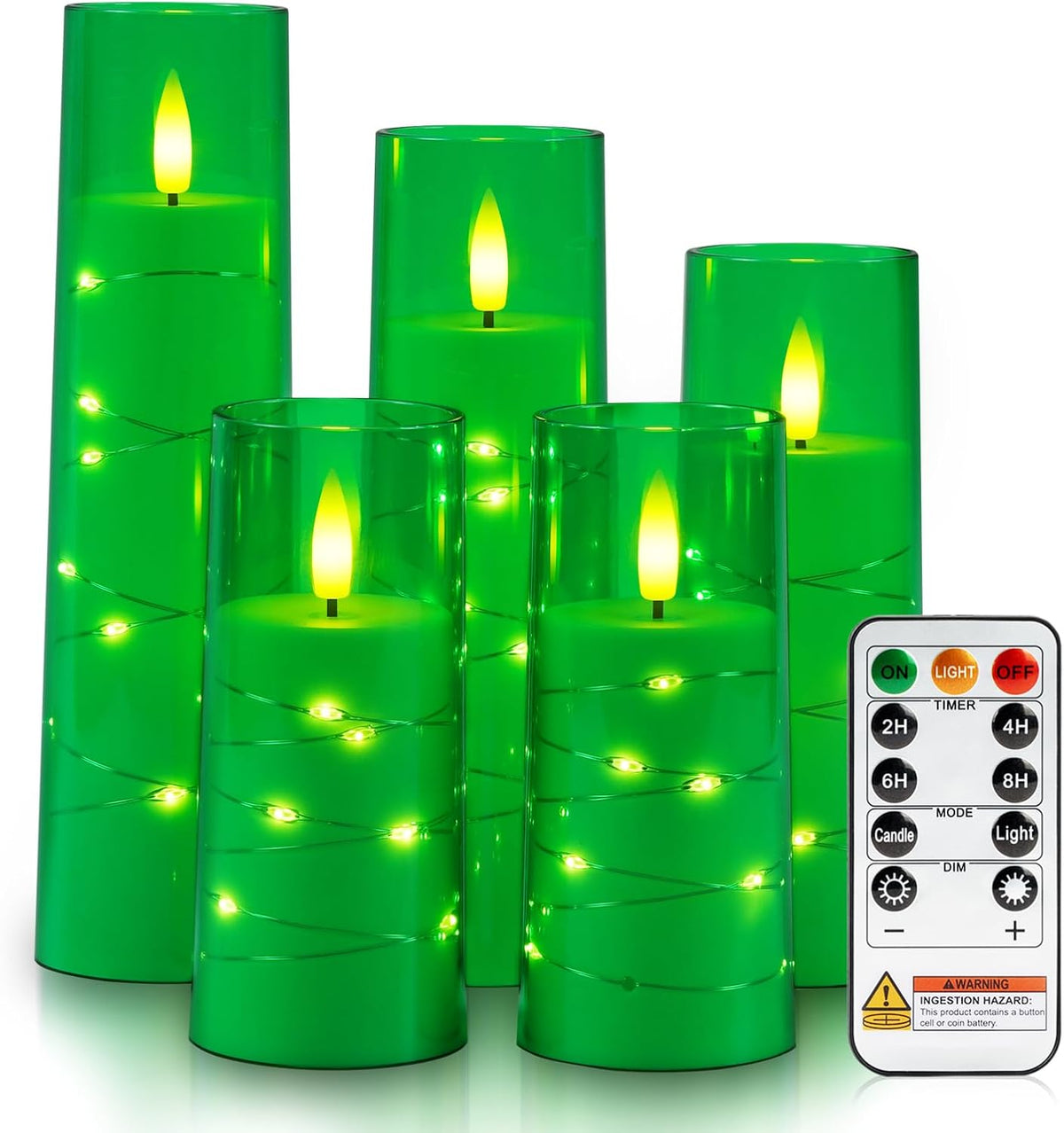 Raycare Flameless Battery Operated Pillar Candles with Remote Timer, Green