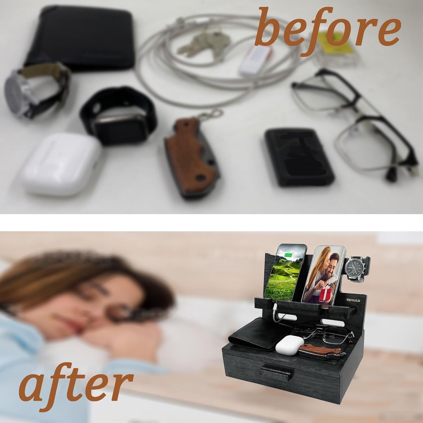 Gifts for Him Husband Boyfriend Son Men Nightstand Organizer Wood Phone Docking Station / Black