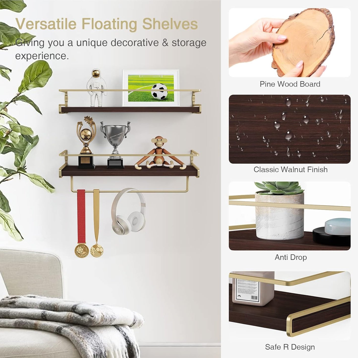 Floating Shelves Bathroom Shelves Over Toilet Set of 2, Bathroom Wall Shelves with Towel Bar, Wall Mounted Vanity Shelf