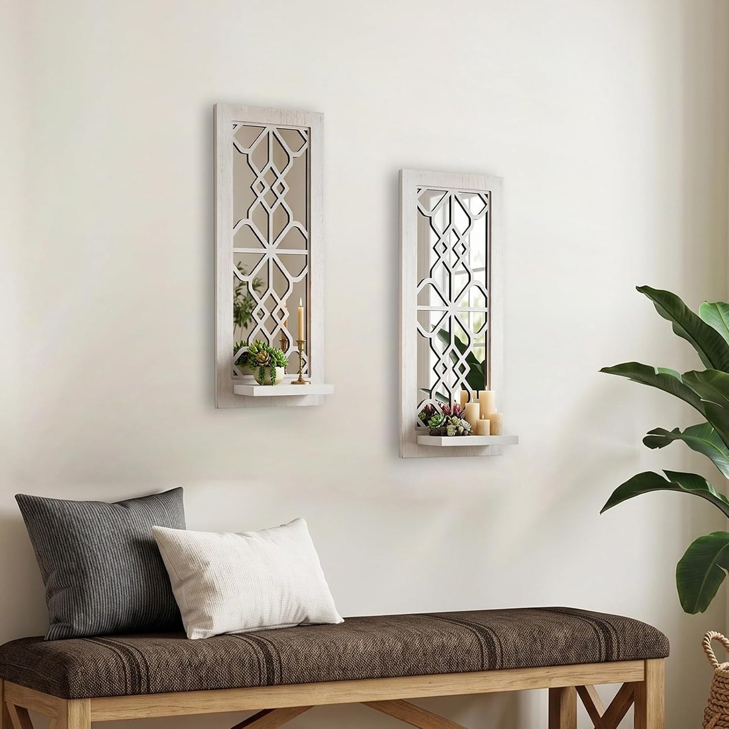 Rustic Candle Sconces Living Room Bedroom Entryway Wood Mirrored / White-16.5 Inch / Set of 2