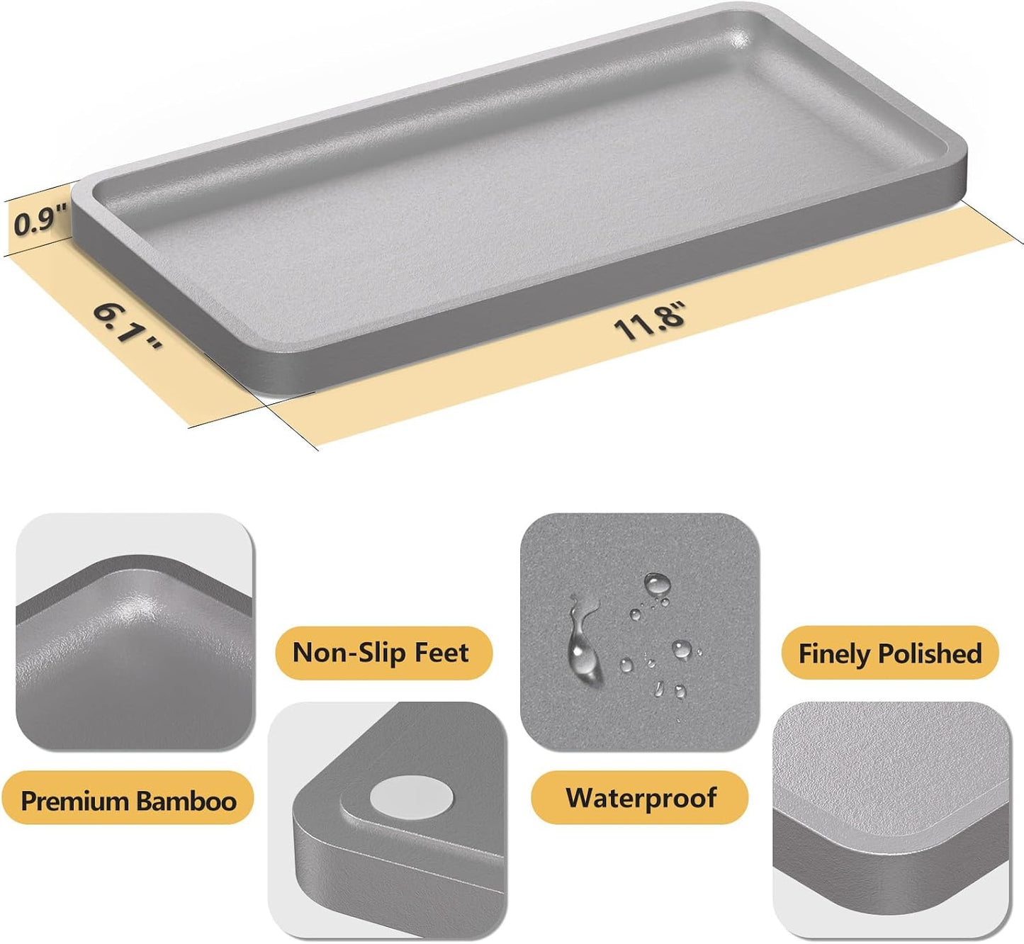 Bamboo Kitchen Tray for Soap Dispenser Spice / Silver / 11.8 x 6.1 x 0.8
