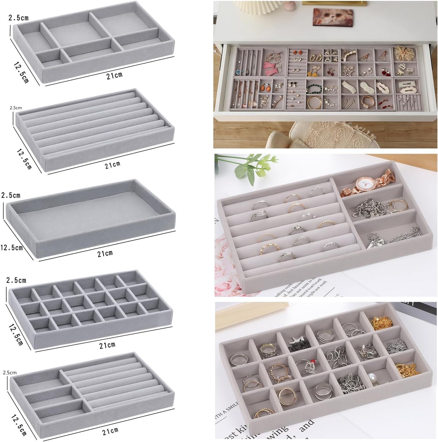 Jewelry Organizer Tray Drawer Inserts Stackable Velvet Liner Dividers / Grey / Set of 10
