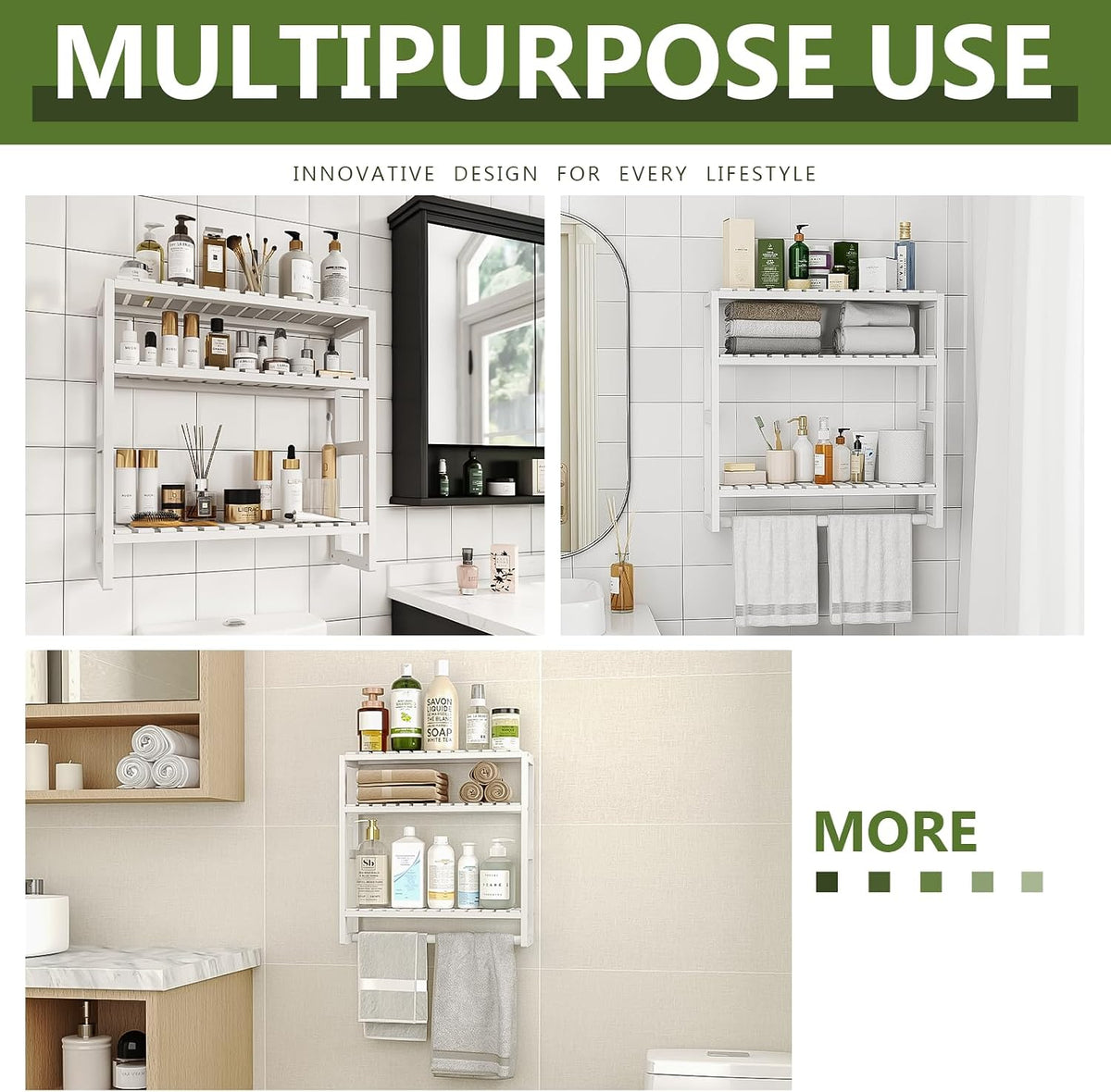 Galood Over The Toilet Storage Bathroom Shelves Wall Mounted 3 Tier White | Space Saver Corner Shelf Organizer Bamboo