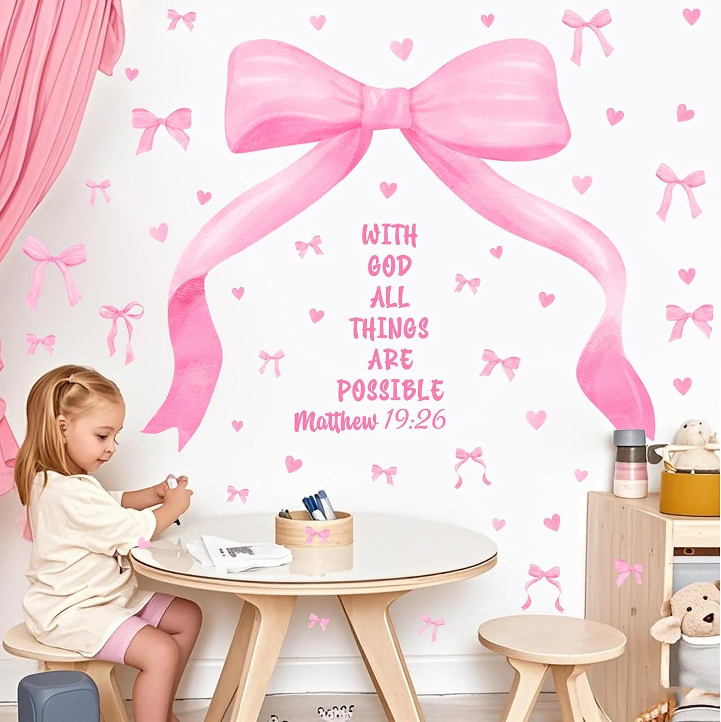Large Watercolor Girls Room Wall Decals Pink Bow Wall Stickers Peel and Stick Pastel / Pink Bowtie