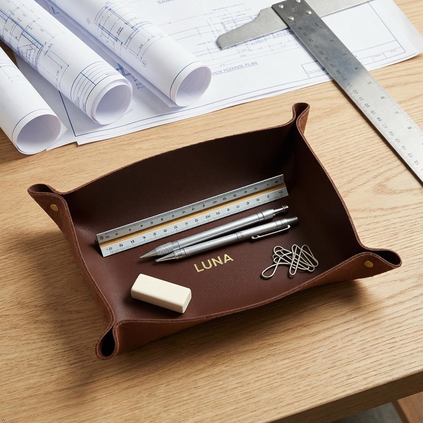 Northwind Personalized Leather Valet Tray – Made in USA - Custom Monogramed Full Grain Leather Catchall Tray for Men