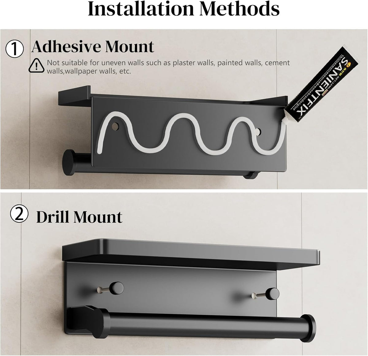 Black Paper Towel Holder with Shelf, Wall Mount Paper Towel Holder for Bathroom Kitchen, Hand Towel Rack Holder,Paper