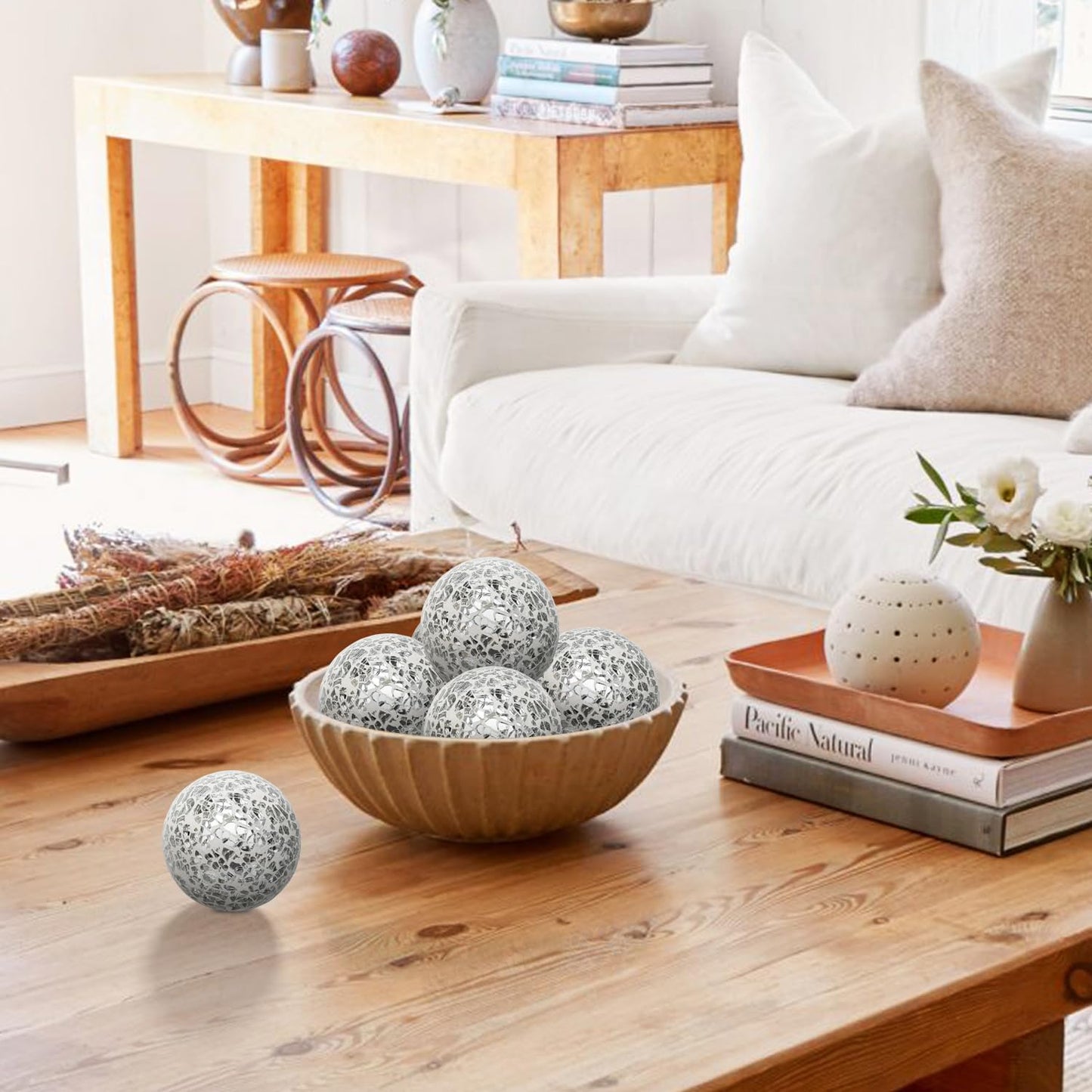 Decorative Balls Set / 6cm Small Mosaic Spheres Glass Orbs / Silver White / 2.4 Inch / Set of 6