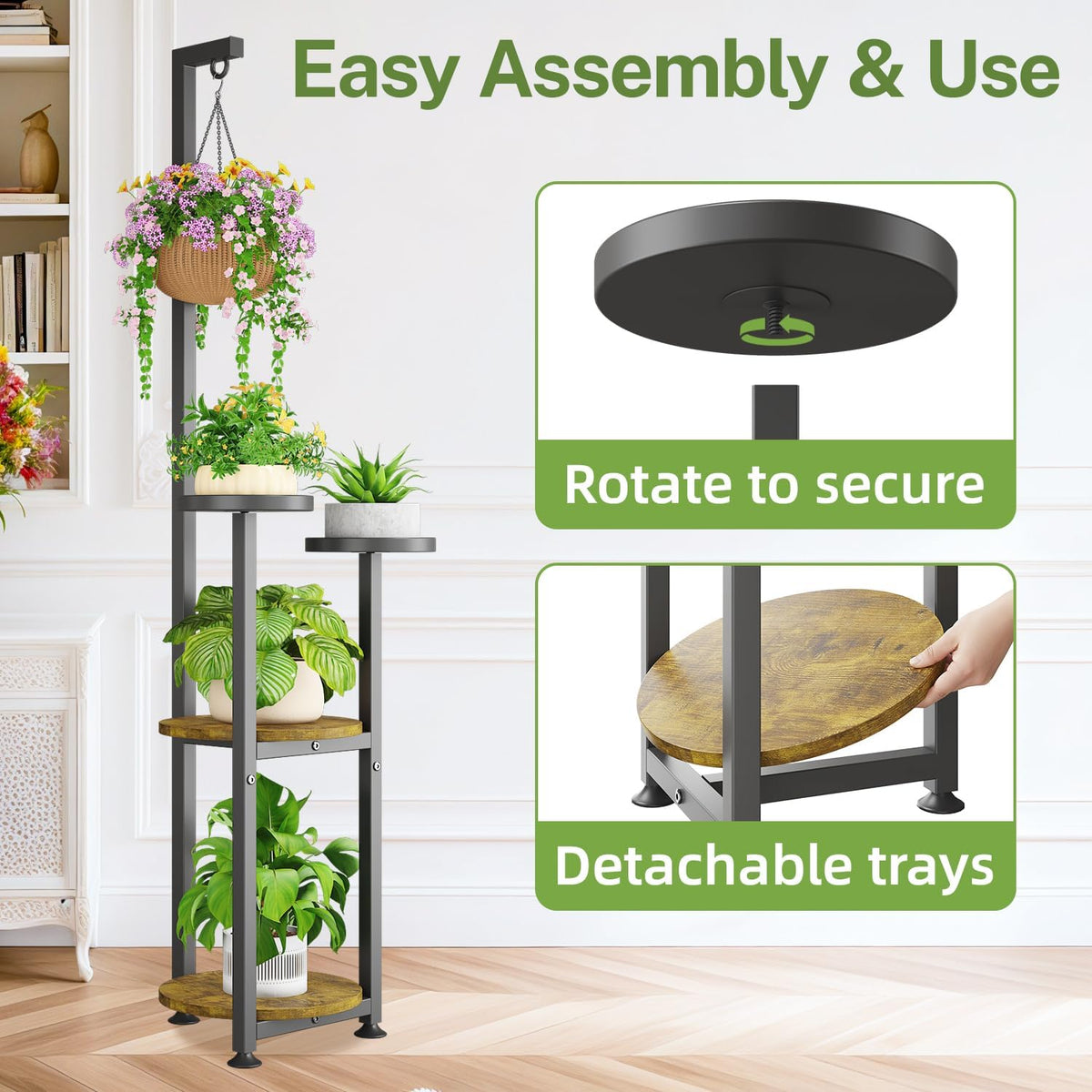 iDavosic.ly Hanging Plant Stand with Grow Light Indoor, 4 Tier, Black Brown | Tall Vertical Corner Metal Flower Shelf
