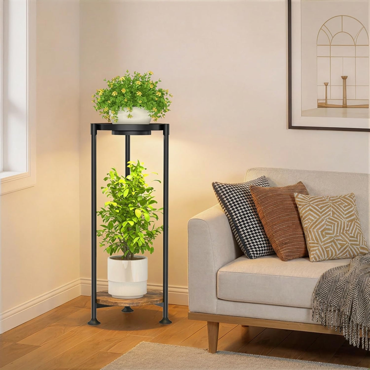 iDavosic.ly 2 Tier Corner Metal Plant Stand Indoor with Grow Light, Black | Vertical Outdoor Flower Display Holder for