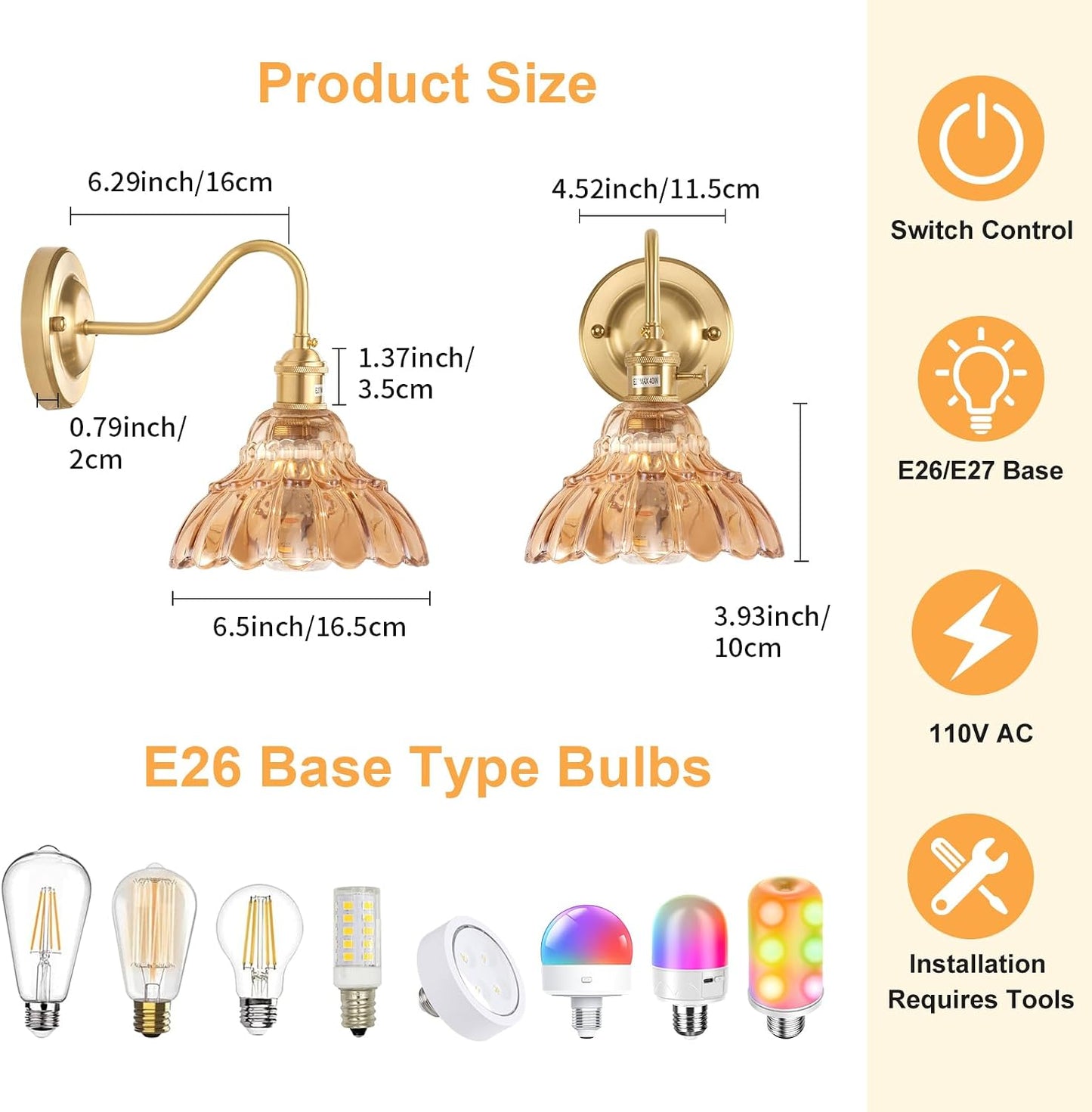 Shenmoyl Battery Operated Wall Sconce, Vintage Rechargeable Wall Lights with Amber Lily Glass Shade, Wireless Indoor