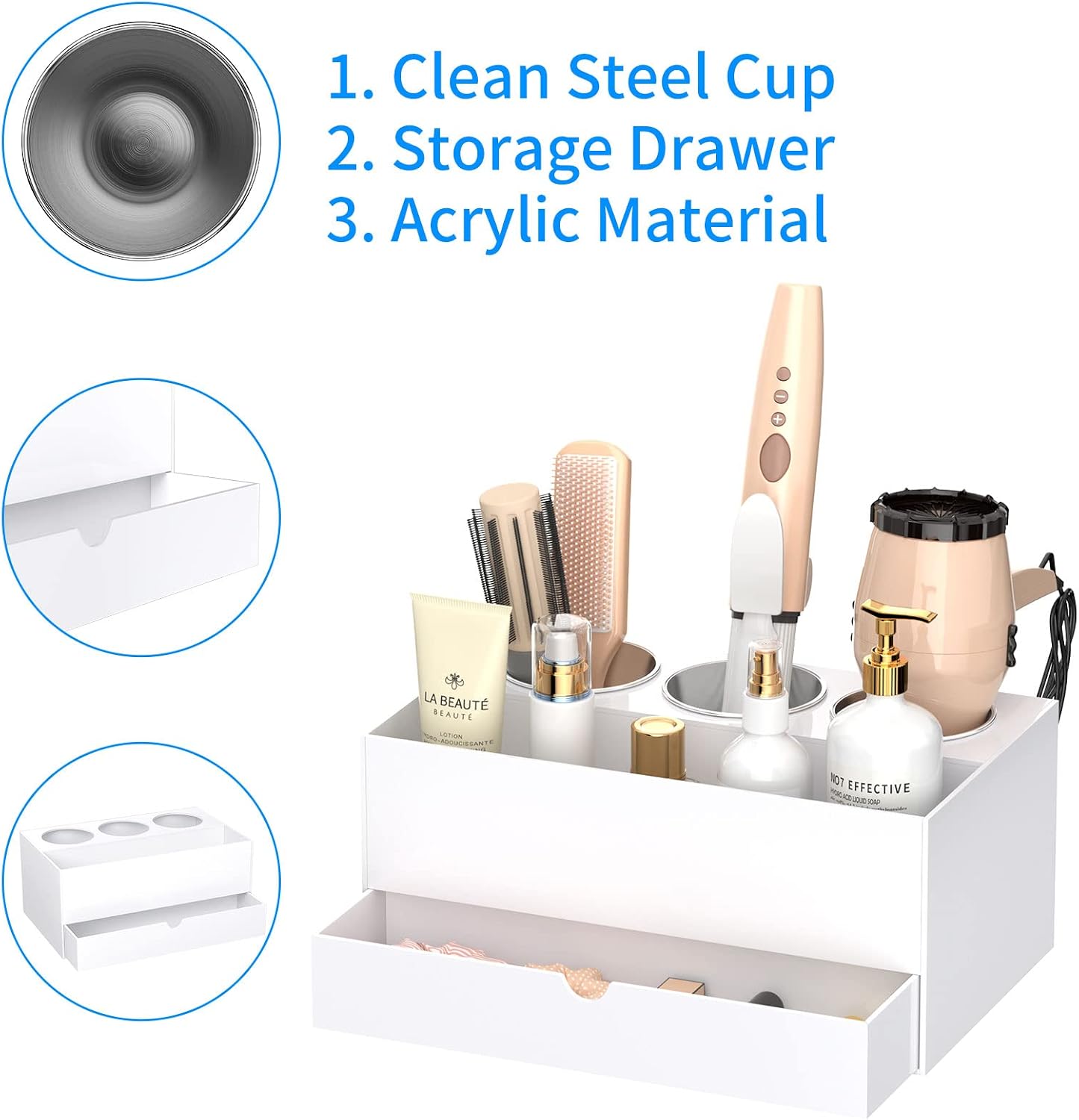 NIUBEE Acrylic Hair Tool Organizer with Drawer, Hair Dryer Holder Organizer | White, Hot Tools Organizer Countertop